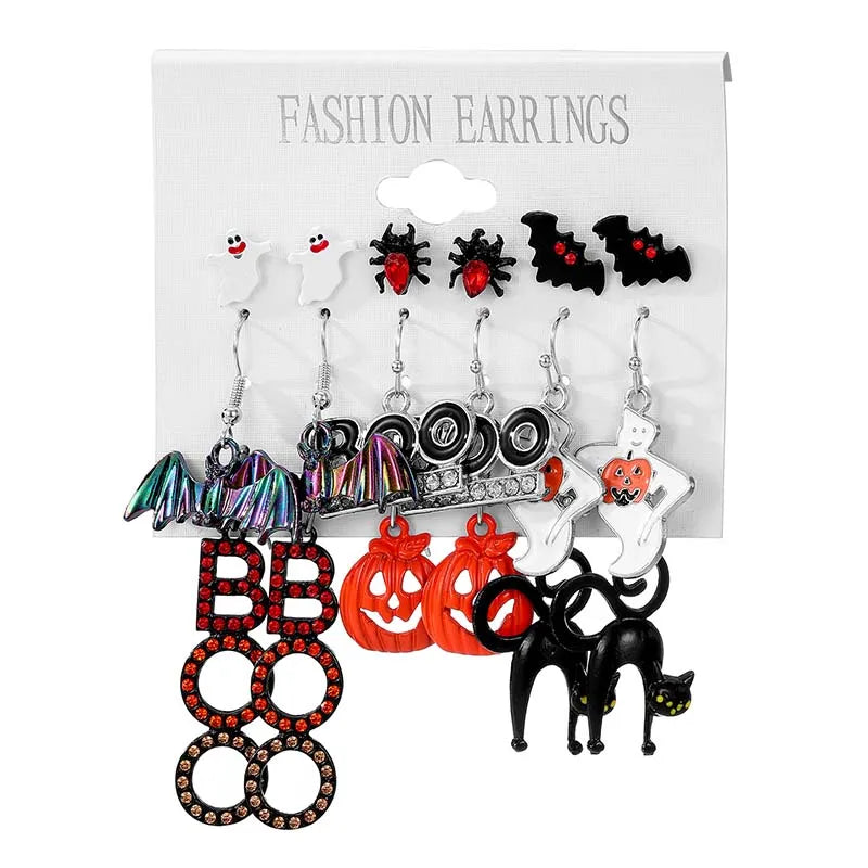 Halloween Series Earrings for Women Skeleton Ghost Cross Pendant Ear Studs Gothic Multi-Pack Earring Trendy Funny Jewelry Set