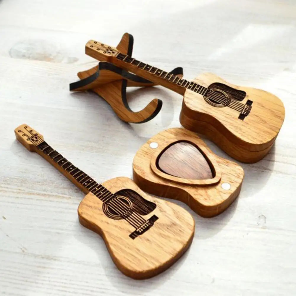 Guitar Pick Holder Handcrafted Wooden Acoustic Guitar Pick Box with Stand for Portable Storage of Picks Smooth for Guitarists - Gifts and Funny Trinkets