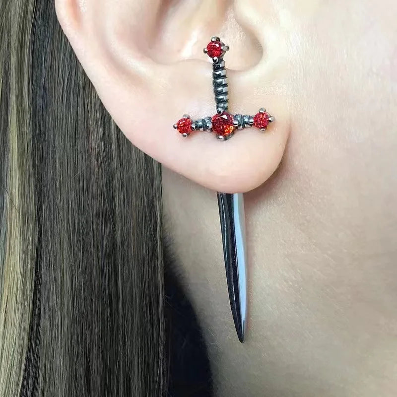 Vintage Dark Gothic Kinitial Sword Earrings For Women Men Dagger Piercing Earring Ear Jacket Punk Goth Halloween Jewelry Gift