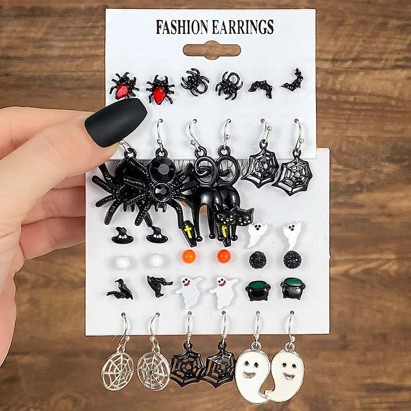 Halloween Series Earrings for Women Skeleton Ghost Cross Pendant Ear Studs Gothic Multi-Pack Earring Trendy Funny Jewelry Set