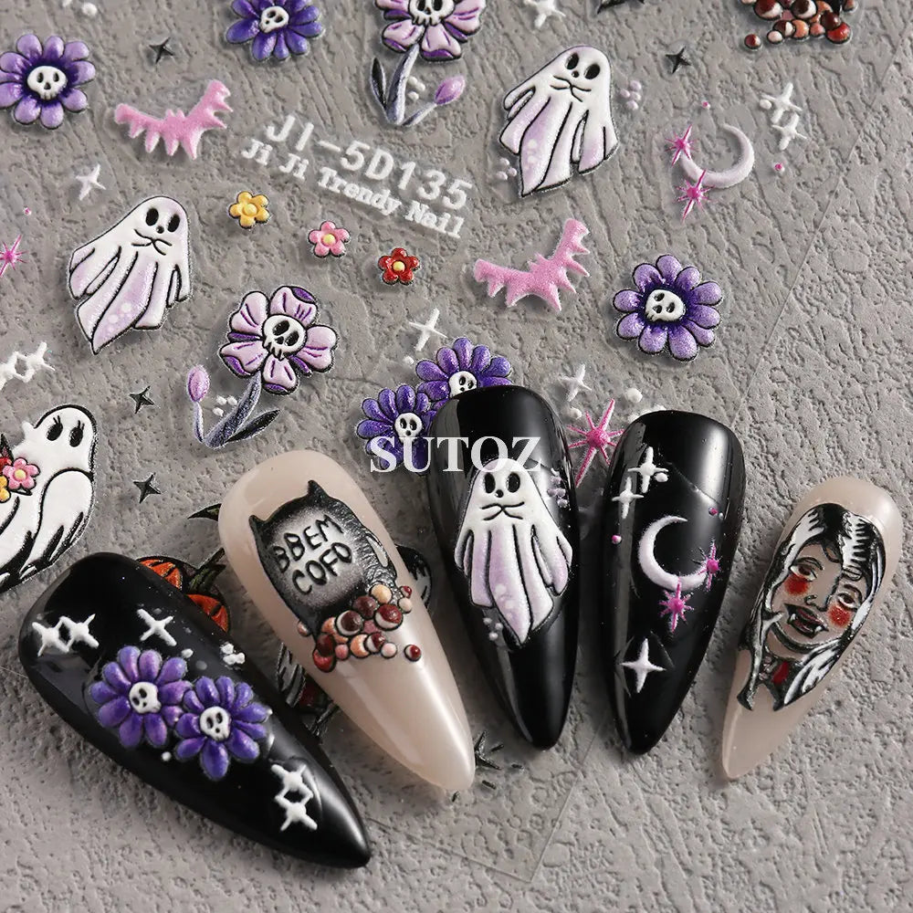 5D Embossed Ghost Nail Art Stickers Halloween Cartoon Pumpkin Skull Nail Decals Spider Web Daisy Sliders For Manicure NTJI-5D131