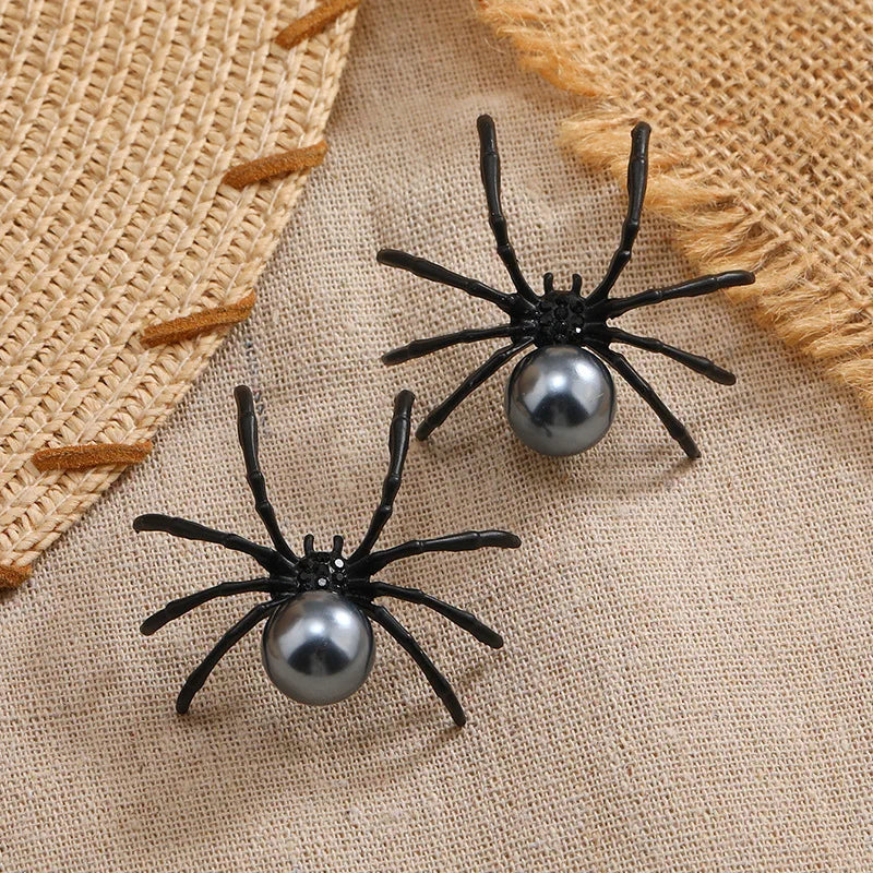 Halloween Hyperbole Dark Vintage Punk Earrings For Women Simple Personality Black Spider Alloy Pearl Jewelry Puncture Ear Studs