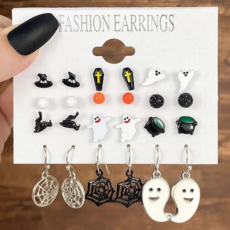 Halloween Series Earrings for Women Skeleton Ghost Cross Pendant Ear Studs Gothic Multi-Pack Earring Trendy Funny Jewelry Set