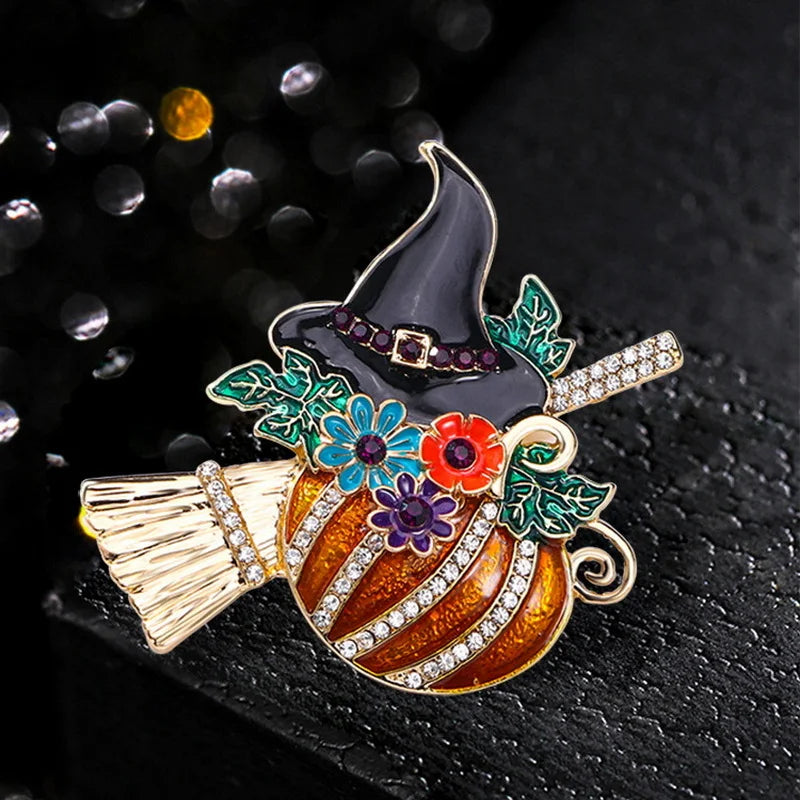 Personality Rhinestone Pumpkin Witch Brooches for Women Creative Enamel Hat Flower Broom Pins Halloween Jewelry Accessories