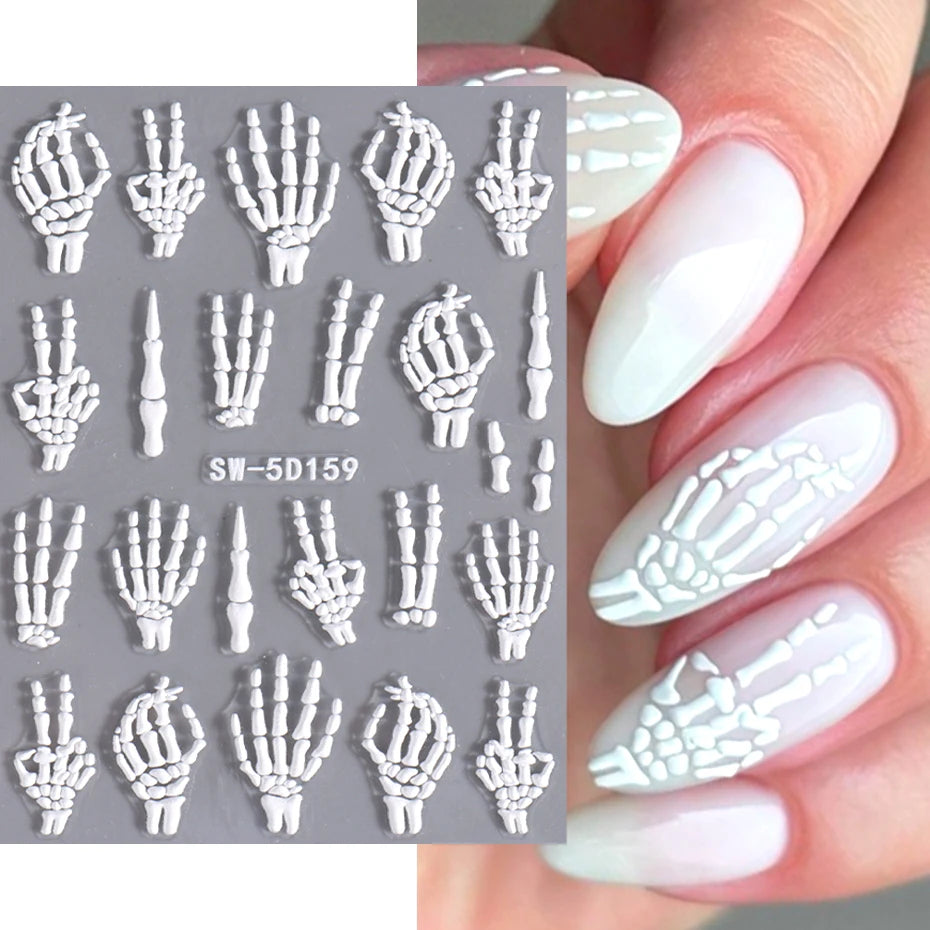 5D Halloween Hand Bones Nail Art Sticker Flower Petal Engraved Slider Decal DIY Manicure Decoration Tips Nail Accessories Tools