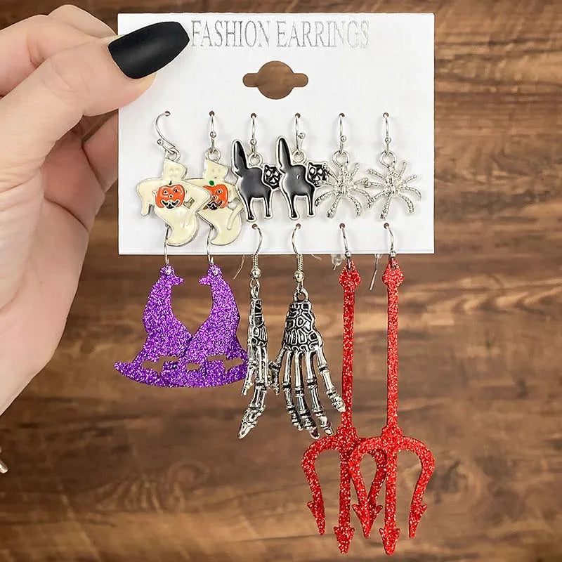 Halloween Series Earrings for Women Skeleton Ghost Cross Pendant Ear Studs Gothic Multi-Pack Earring Trendy Funny Jewelry Set