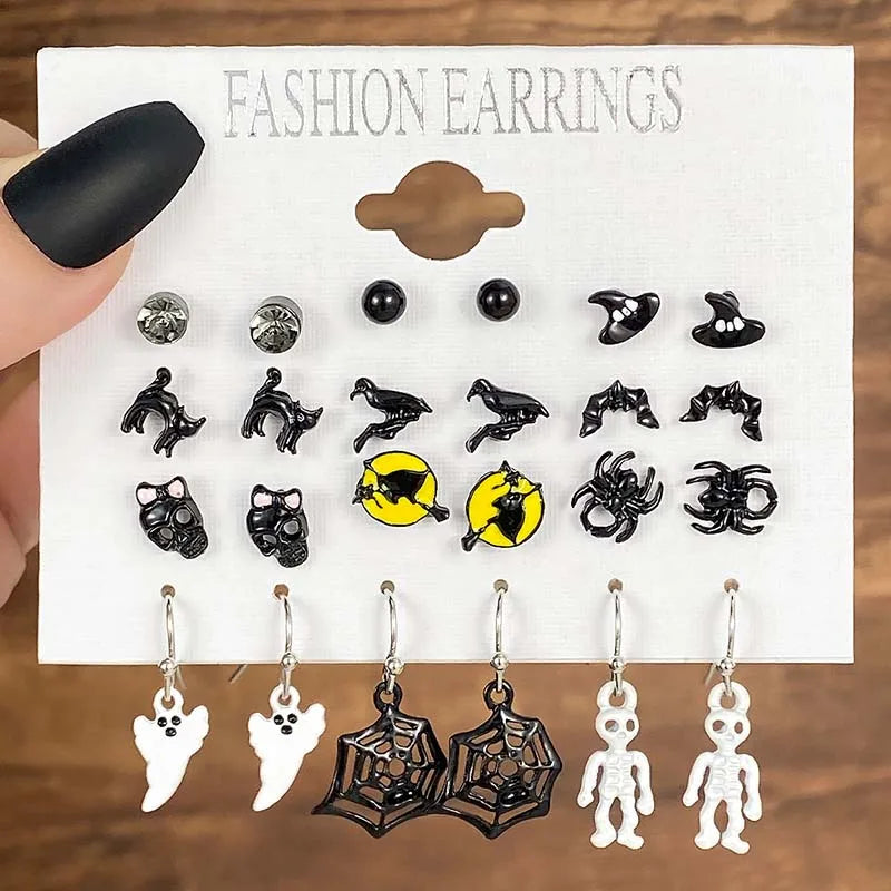 Halloween Series Earrings for Women Skeleton Ghost Cross Pendant Ear Studs Gothic Multi-Pack Earring Trendy Funny Jewelry Set